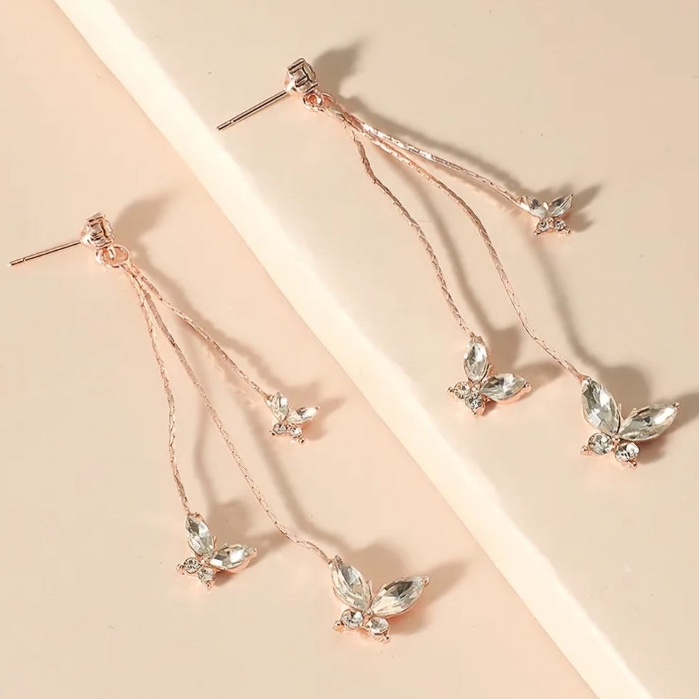 Rose Gold Butterfly Drop Elegant Earrings - Picture 7 of 8